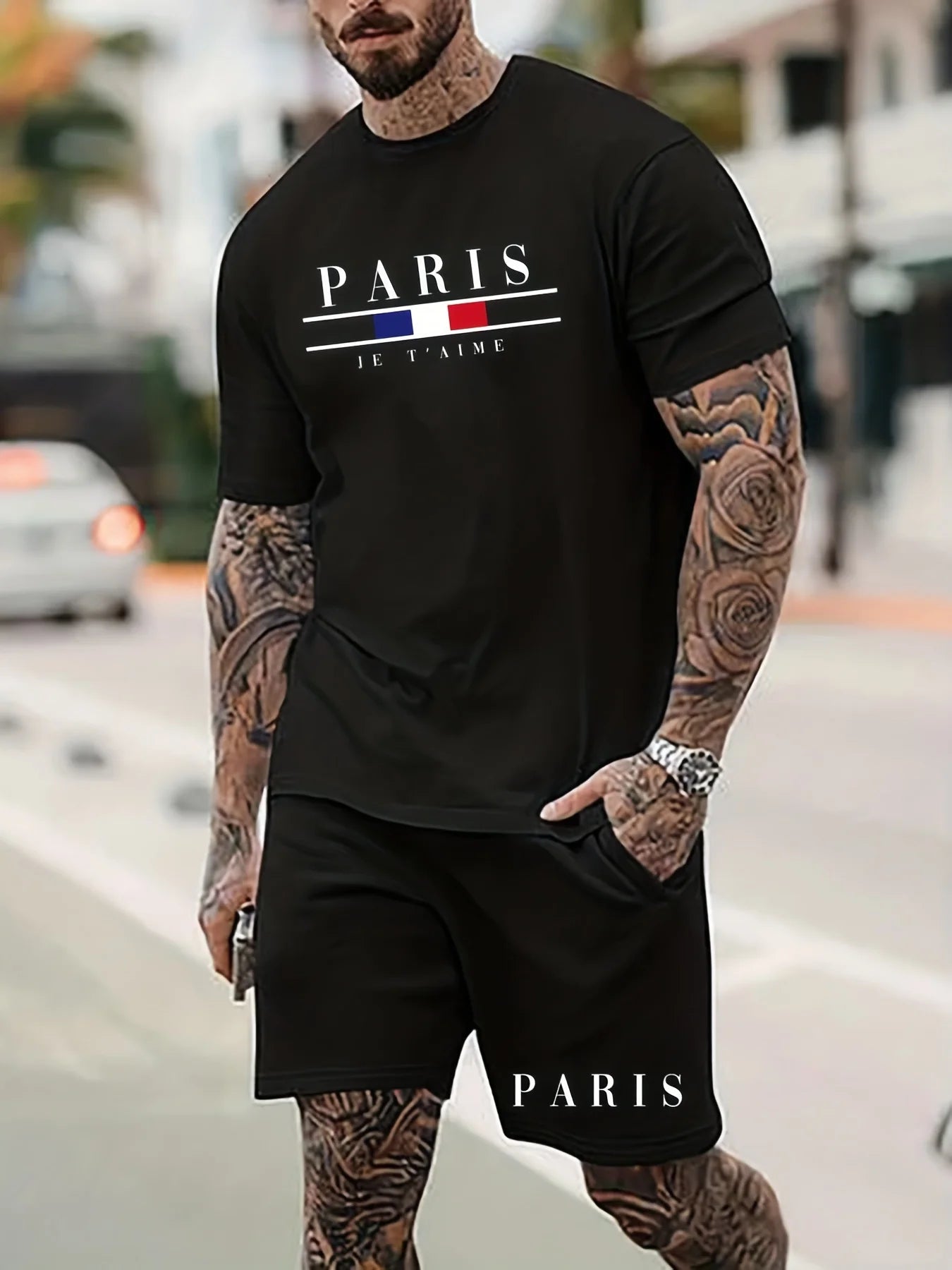 Men's T-shirt Set Short Sleeved Top+ Shorts Loose Cotton