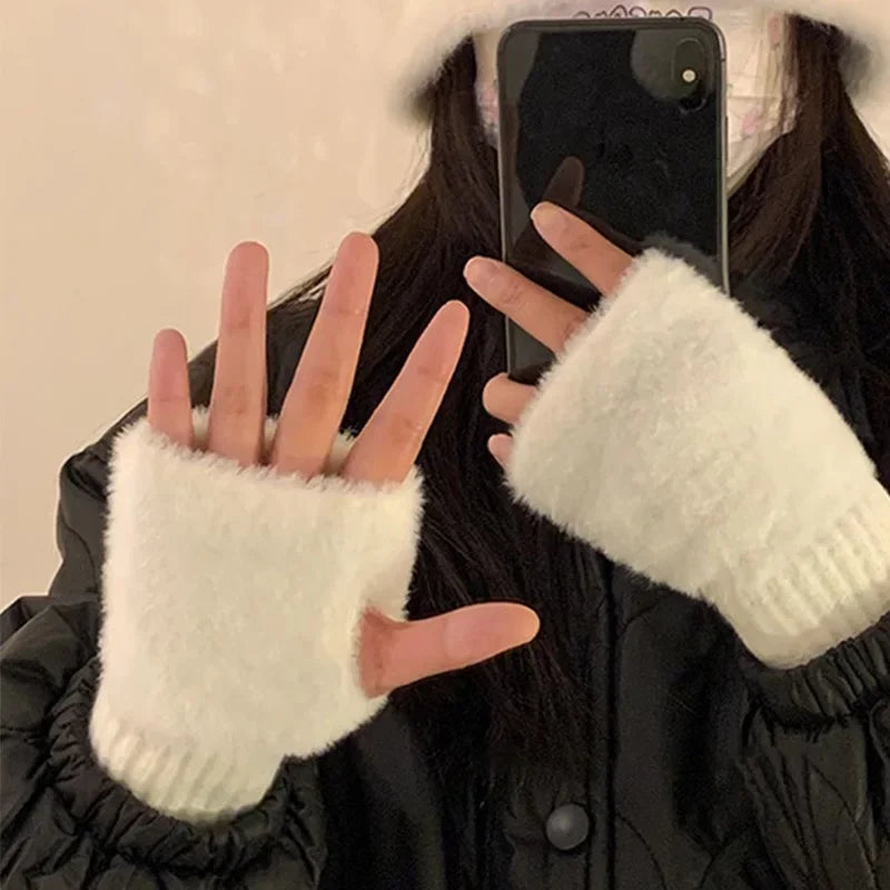 Soft Winter Half Finger Gloves Women