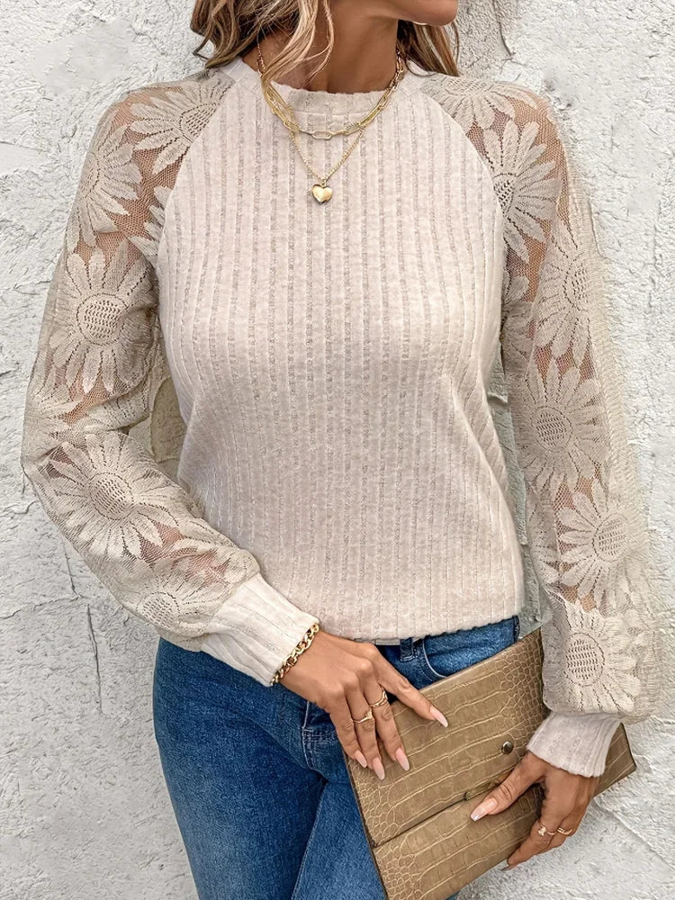 Women's Lace Panel Long Sleeve Top