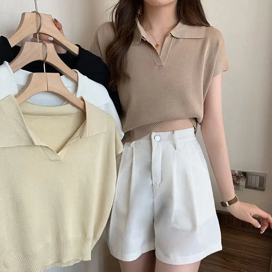 Polo Neck Knitted T-Shirt for Women Summer