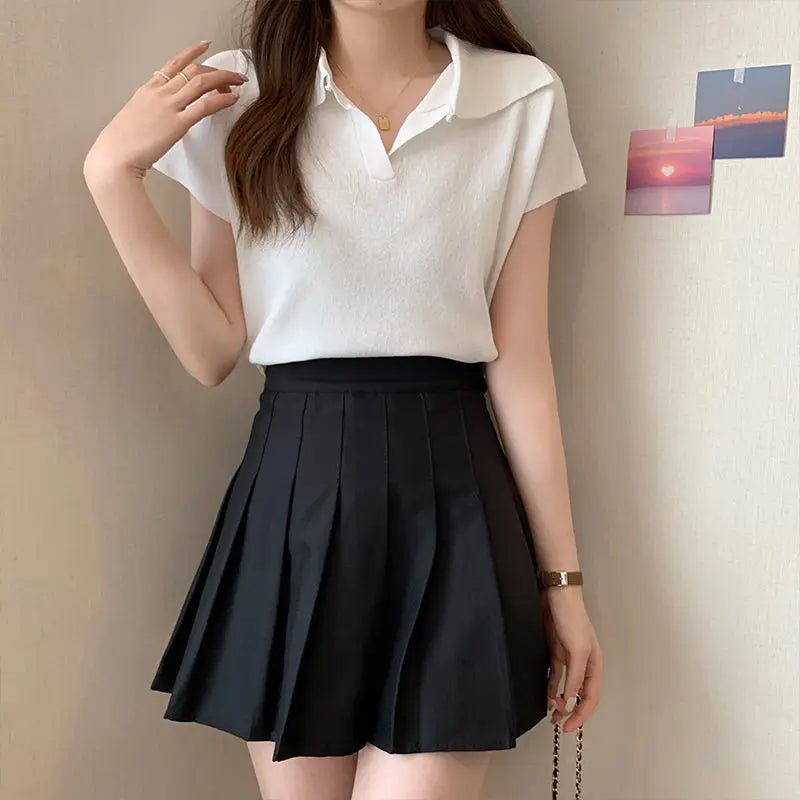 Polo Neck Knitted T-Shirt for Women Summer