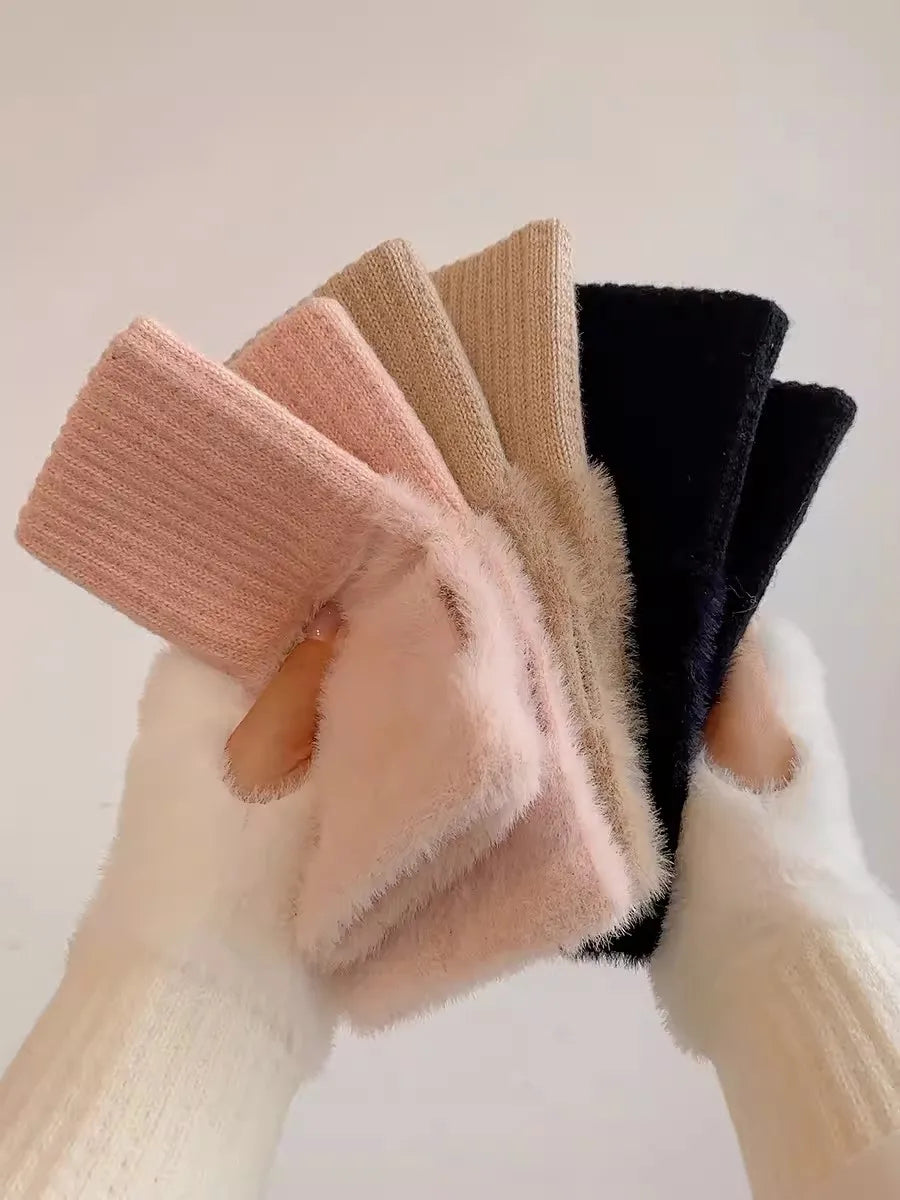 Soft Winter Half Finger Gloves Women