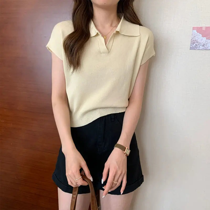 Polo Neck Knitted T-Shirt for Women Summer