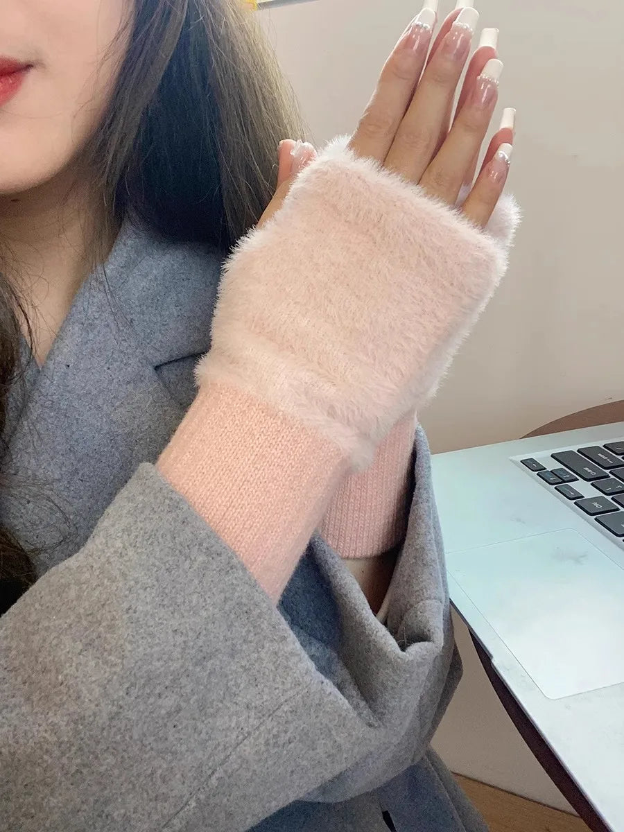 Soft Winter Half Finger Gloves Women
