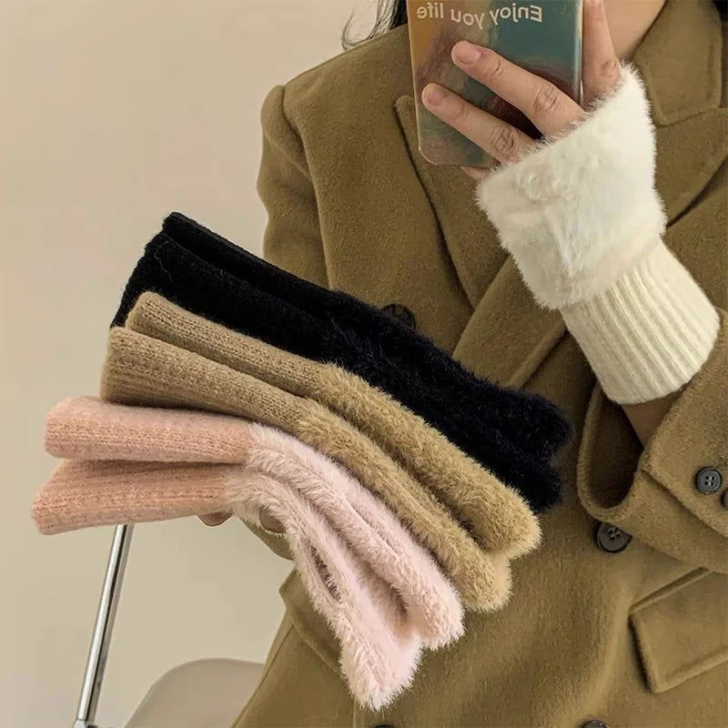 Soft Winter Half Finger Gloves Women