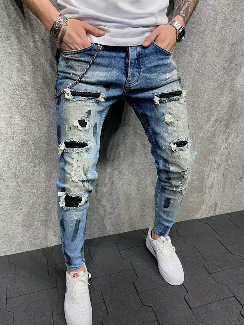 Men Slim-Fit HIP HOP Ripped Jeans Man Painted Printed Pencil Denim Pants Fashion Patchwork Moto Biker Cowboy Beggar Trousers Men