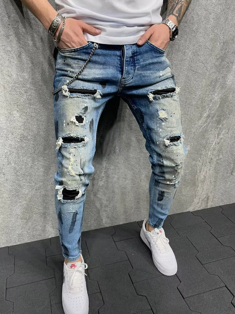 Men Slim-Fit HIP HOP Ripped Jeans Man Painted Printed Pencil Denim Pants Fashion Patchwork Moto Biker Cowboy Beggar Trousers Men