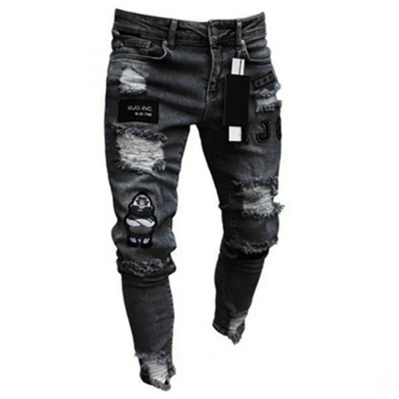 Men Slim Biker Ripped Long Denim Trousers Skinny Jeans Pocket Young Man Jogging Pants ​Destroyed Stretchy-Black Pants