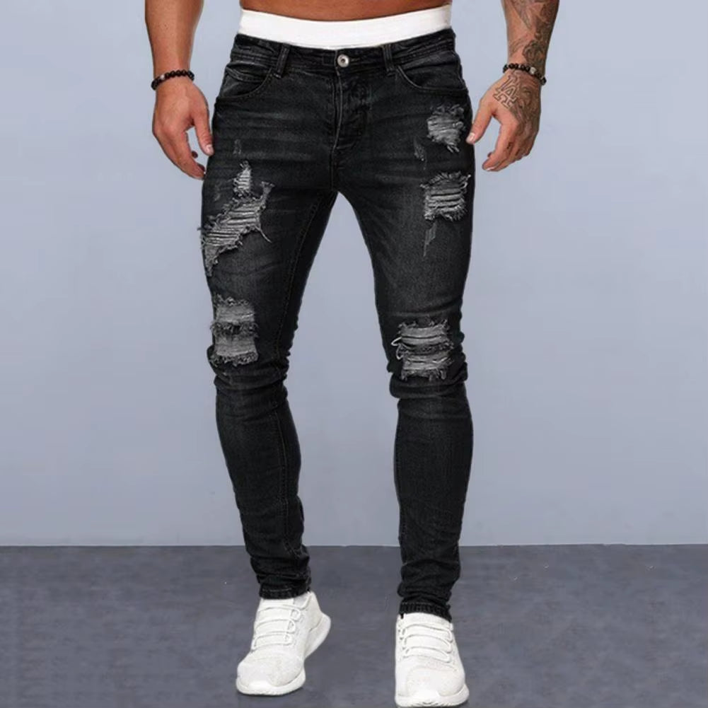 Skinny Jeans for Men ​Painted Stretch Slim Fit Ripped Distressed Pleated Knee Patch Denim Pants Brand Casual Trouser Male